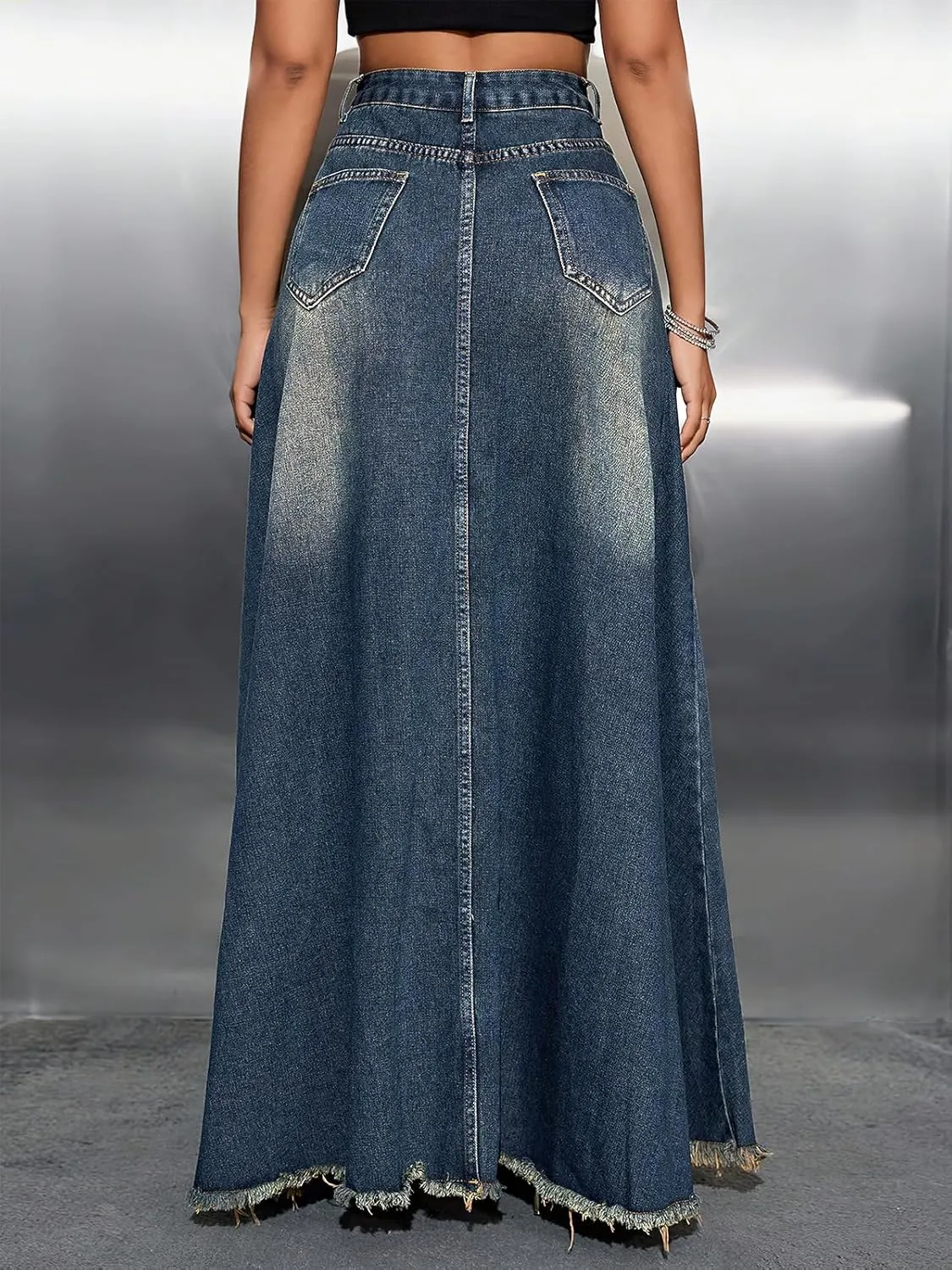 ebossy Women's Retro High Waisted Frayed Raw Hem Herringbone Stitch Washed Maxi Long Denim Skirt with Pockets
