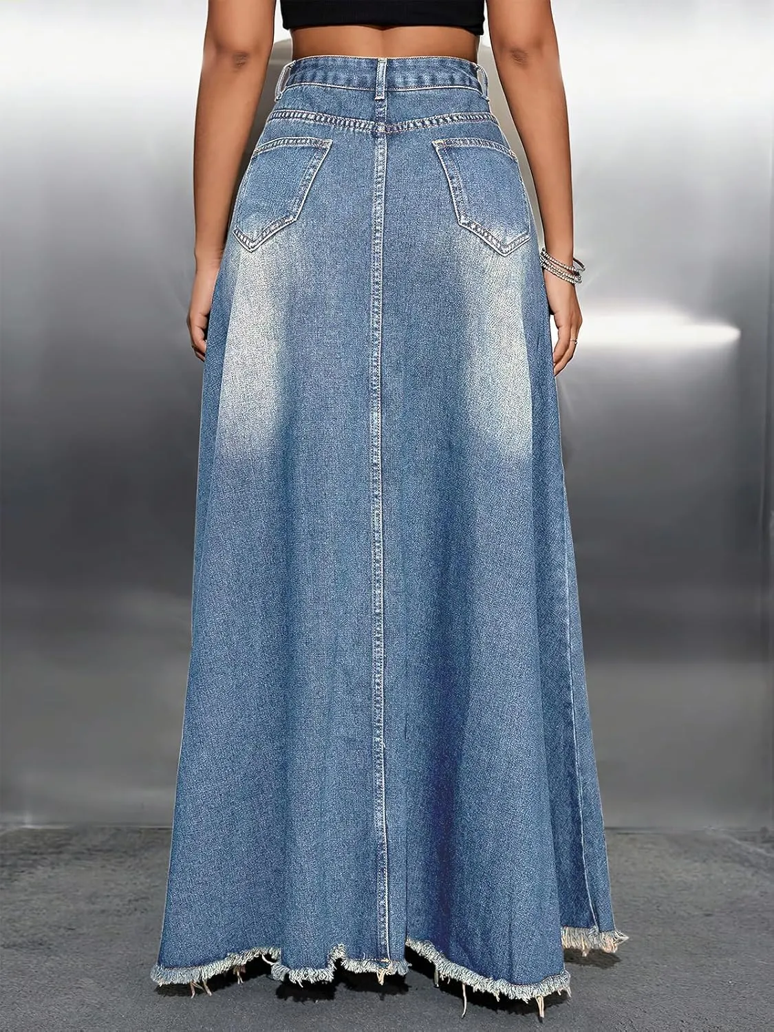 ebossy Women's Retro High Waisted Frayed Raw Hem Herringbone Stitch Washed Maxi Long Denim Skirt with Pockets