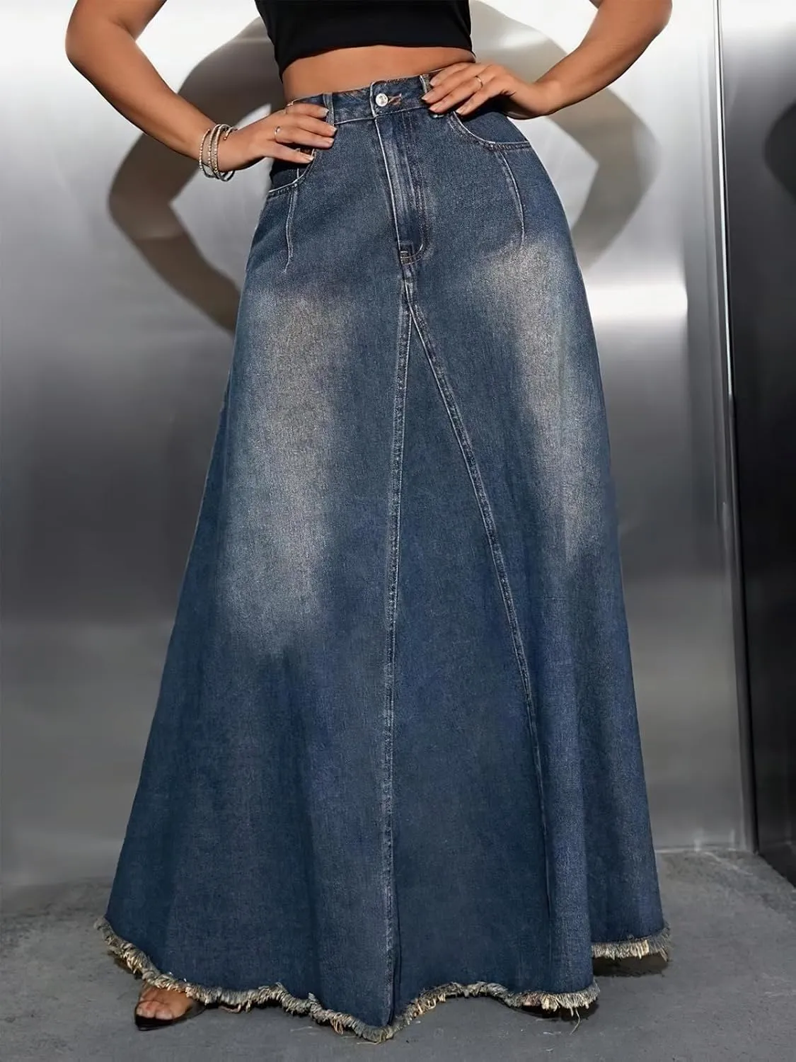 ebossy Women's Retro High Waisted Frayed Raw Hem Herringbone Stitch Washed Maxi Long Denim Skirt with Pockets