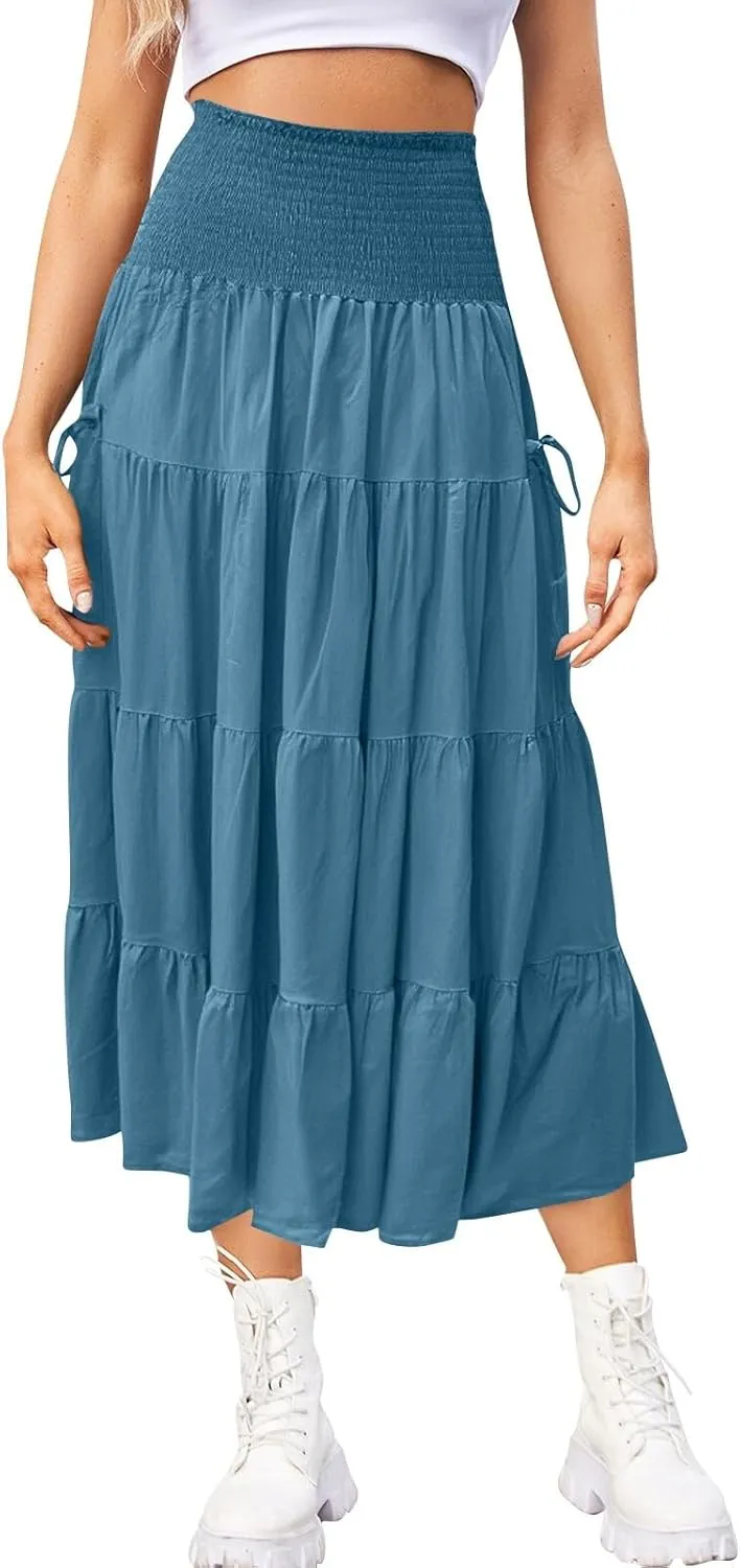 Floral Maxi Skirt for Women Summer Comfy Tiered Elastic High Waisted Skirts 2025 Vacation A-Line Flowy Swing Long Skirts