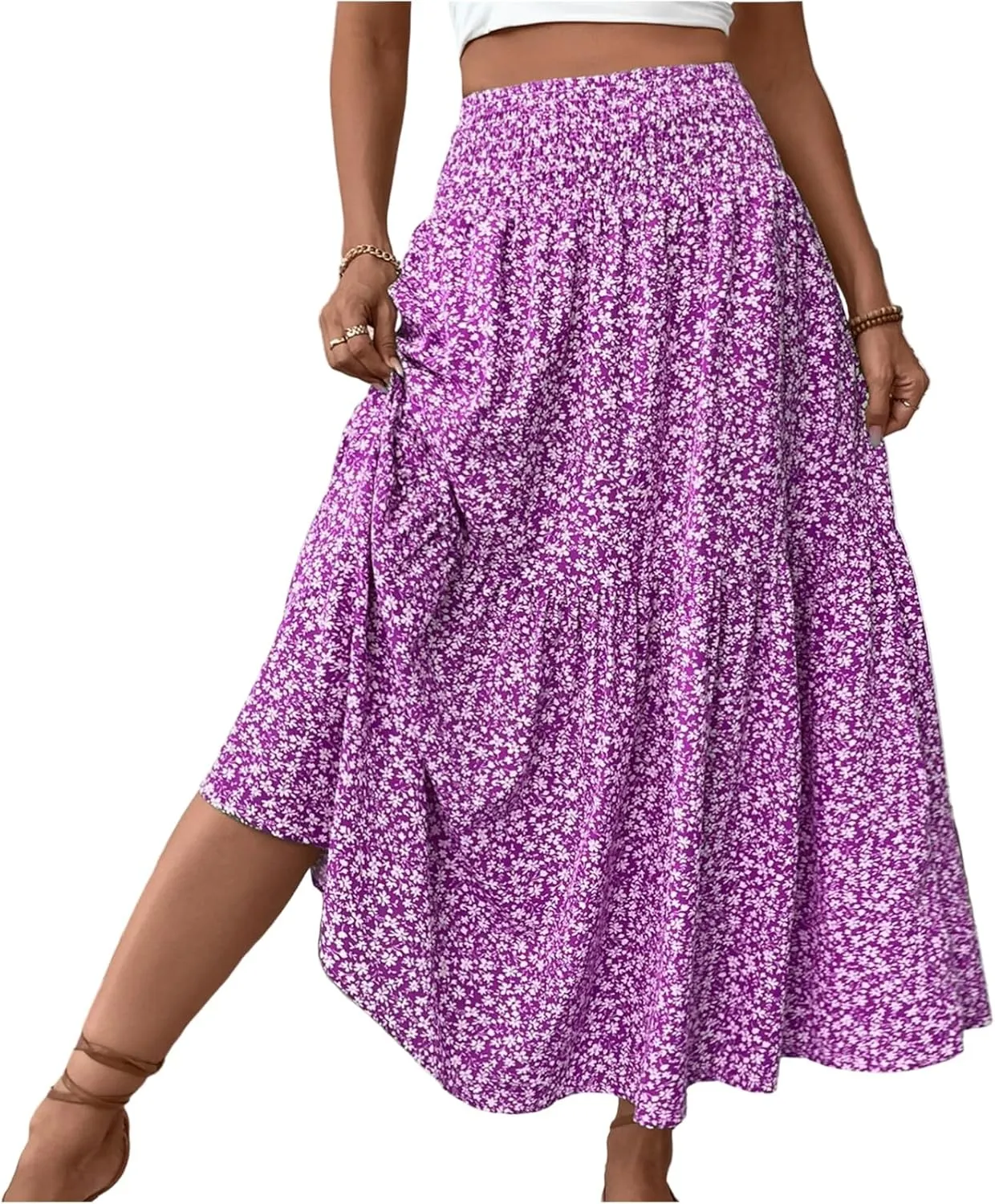 Floral Maxi Skirts for Women 2025 Boho Smocked High Waisted Aline Long Skirts Summer Vacation Beach Skirt with Pocket