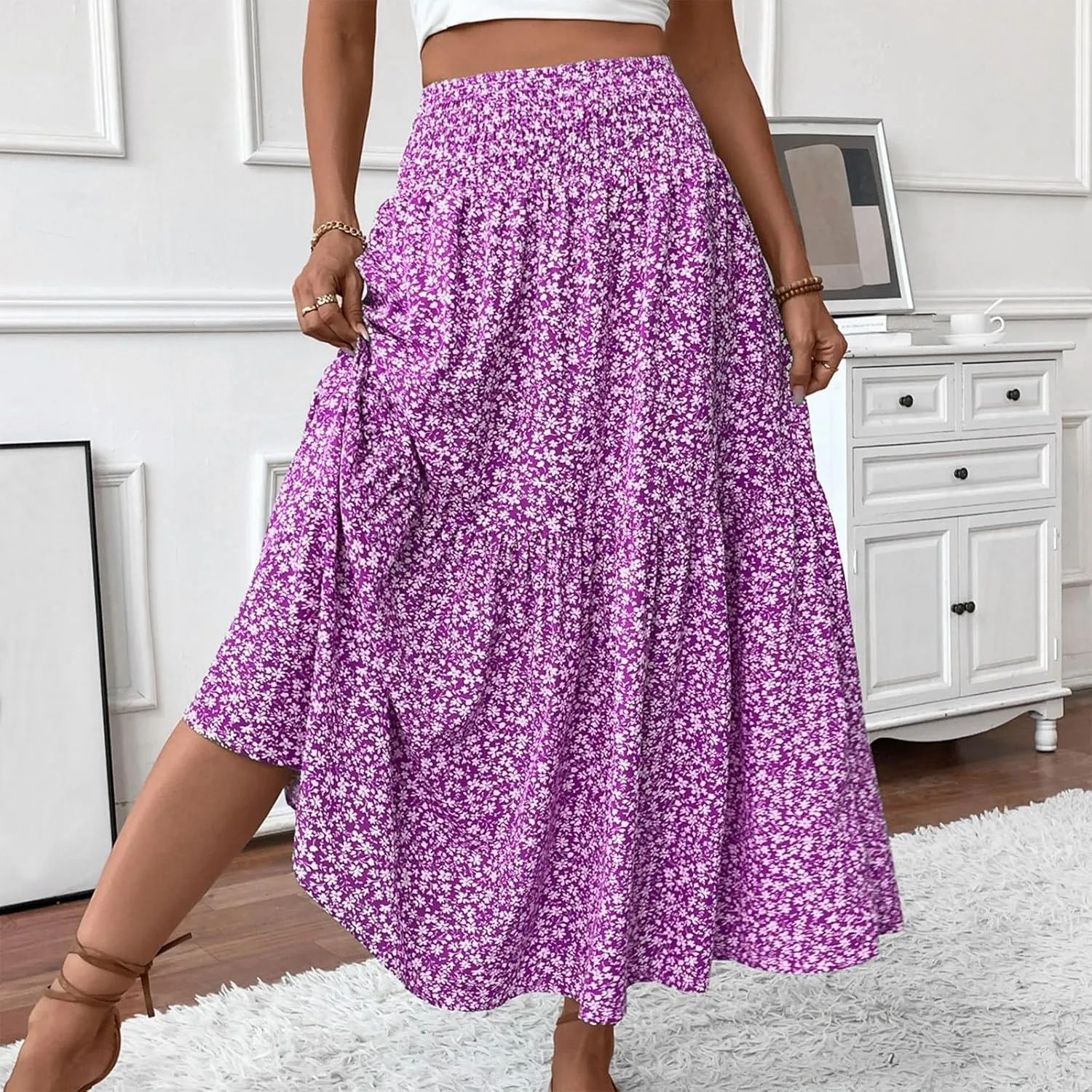 Floral Maxi Skirts for Women 2025 Boho Smocked High Waisted Aline Long Skirts Summer Vacation Beach Skirt with Pocket