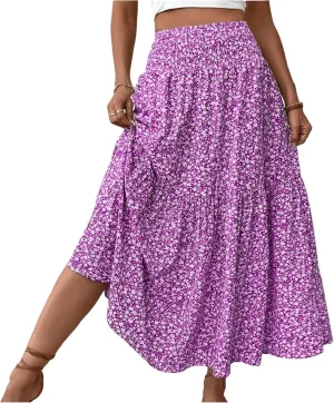 Floral Maxi Skirts for Women 2025 Boho Smocked High Waisted Aline Long Skirts Summer Vacation Beach Skirt with Pocket