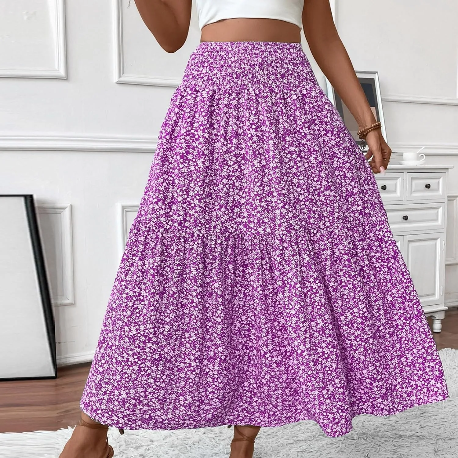 Floral Maxi Skirts for Women 2025 Boho Smocked High Waisted Aline Long Skirts Summer Vacation Beach Skirt with Pocket