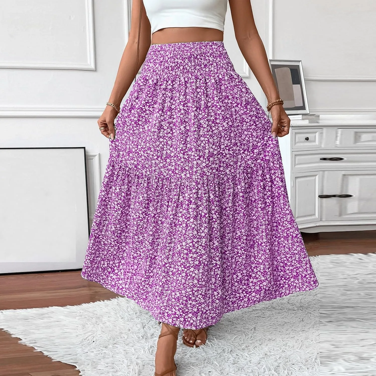Floral Maxi Skirts for Women 2025 Boho Smocked High Waisted Aline Long Skirts Summer Vacation Beach Skirt with Pocket