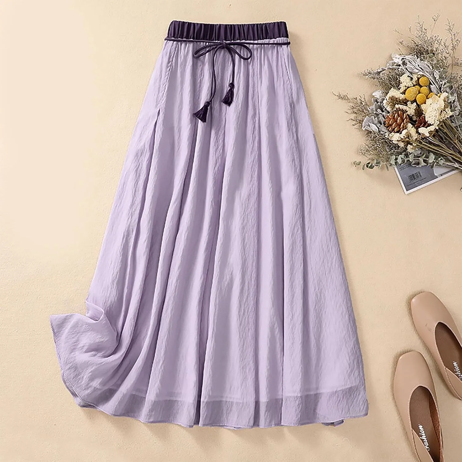 Flowy Cotton Linen Skirt for Women High Waist Drawstring Maxi Skirts Lightweight Casual Boho Skirt Clothes