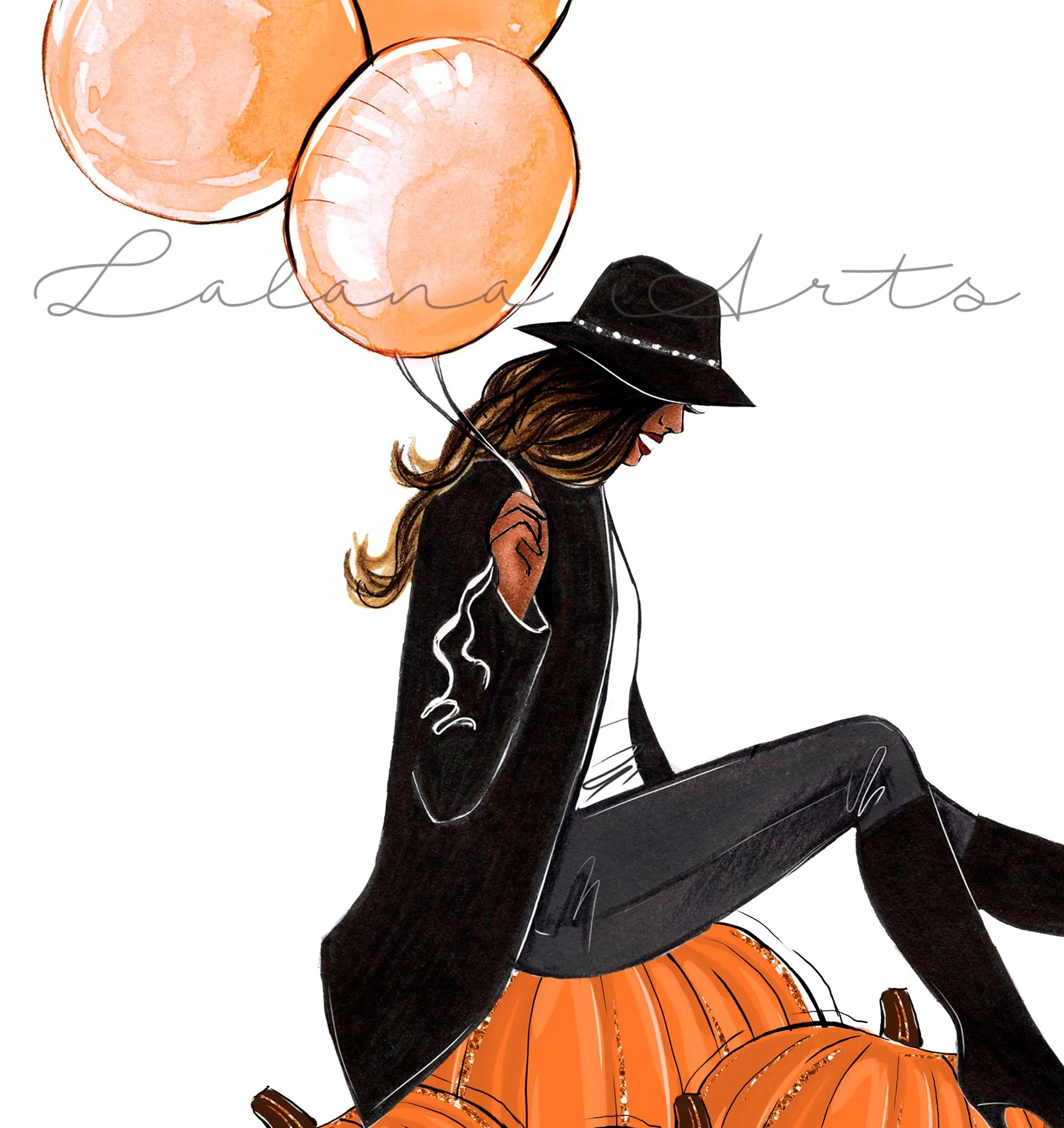 Girl on pumpkins art print fashion illustration