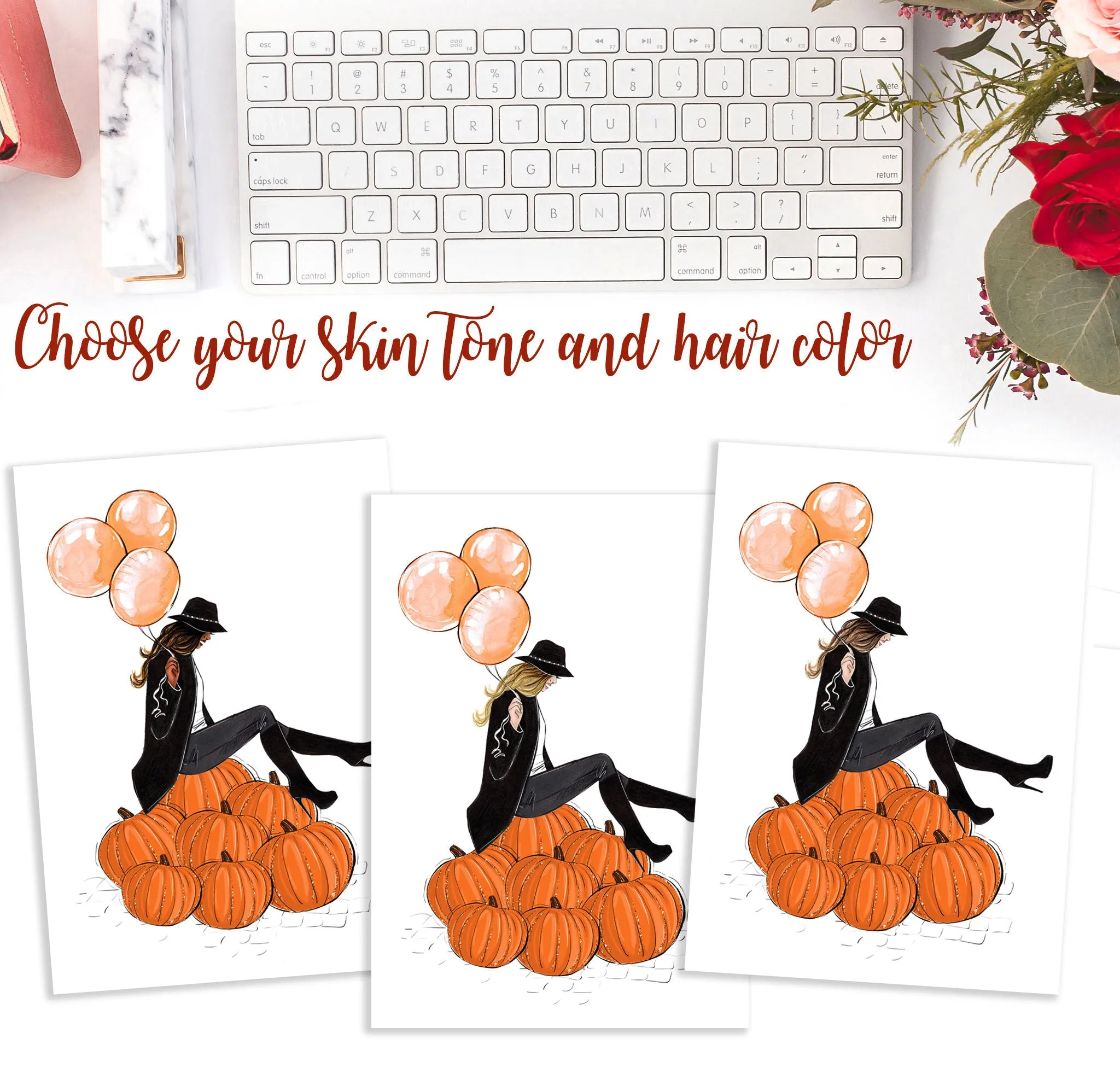 Girl on pumpkins art print fashion illustration