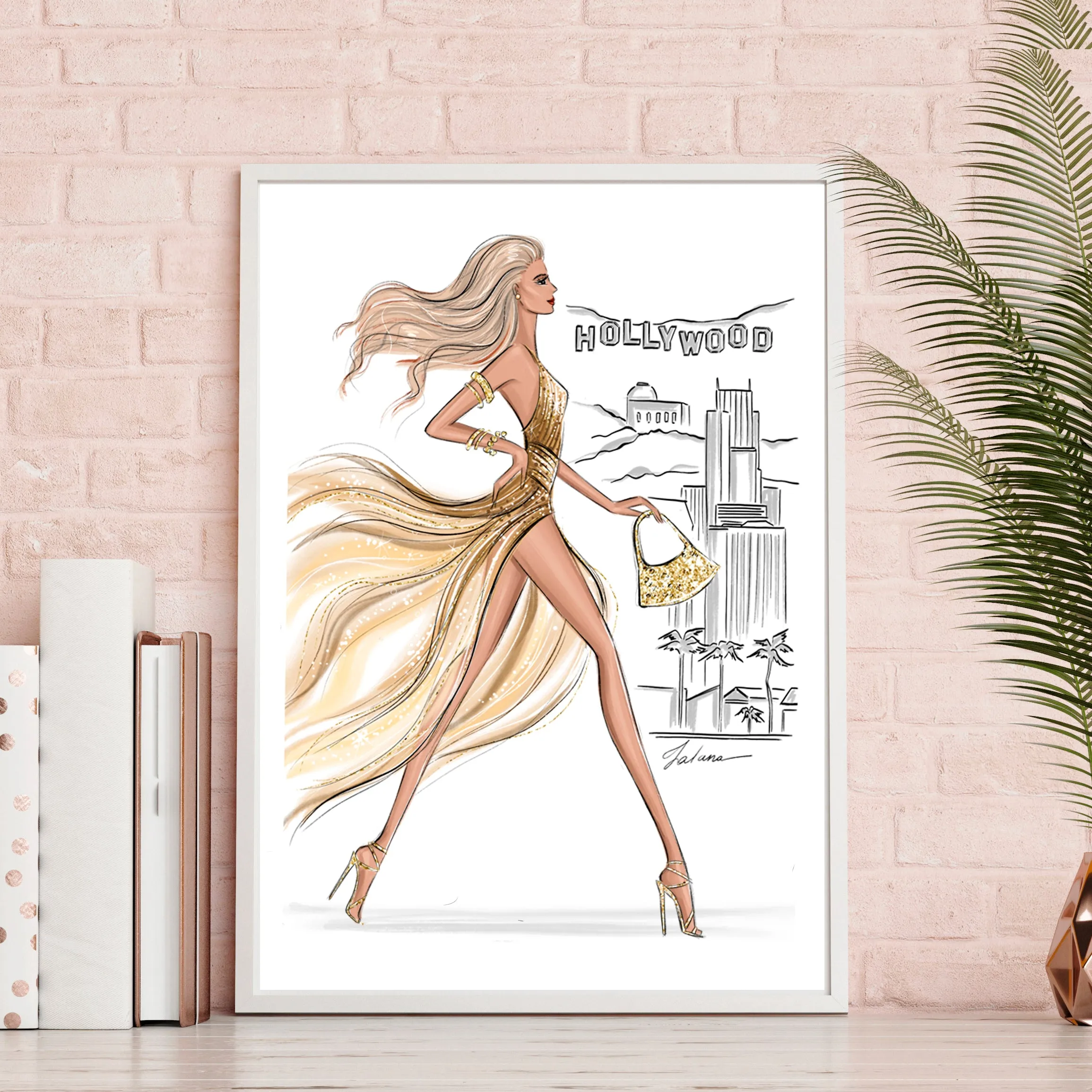 Hollywood Girl in gold glitter dress summer art print fashion illustration