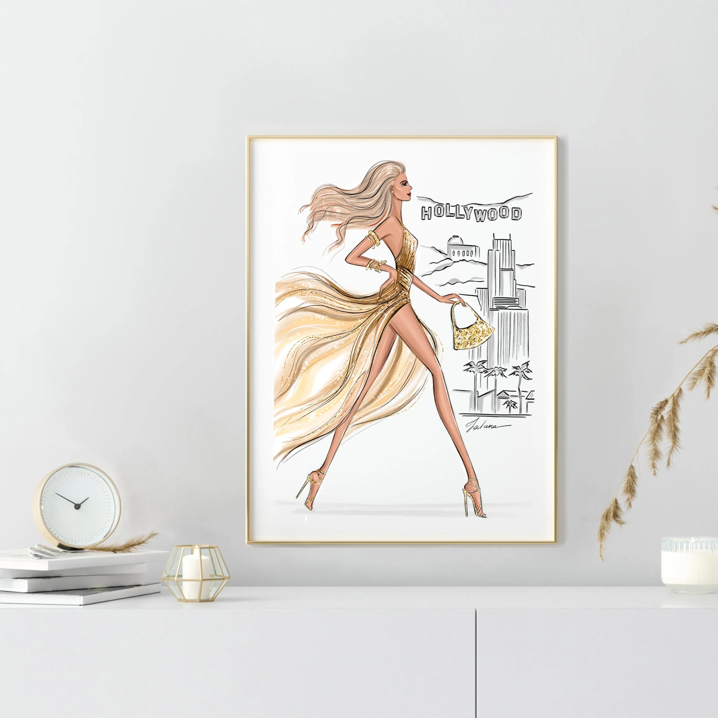 Hollywood Girl in gold glitter dress summer art print fashion illustration