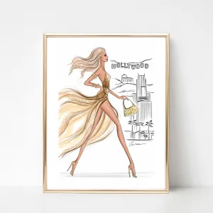 Hollywood Girl in gold glitter dress summer art print fashion illustration