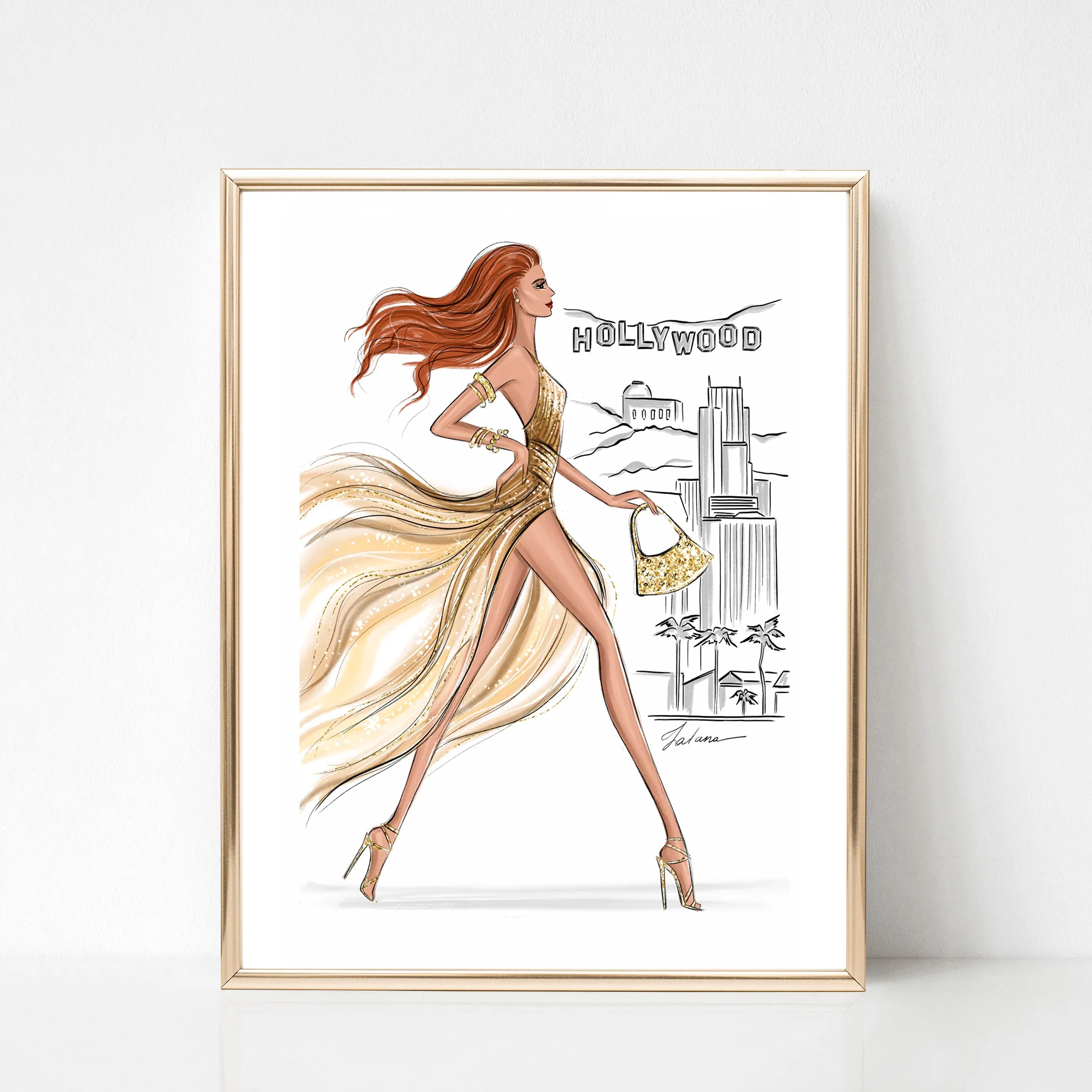 Hollywood Girl in gold glitter dress summer art print fashion illustration