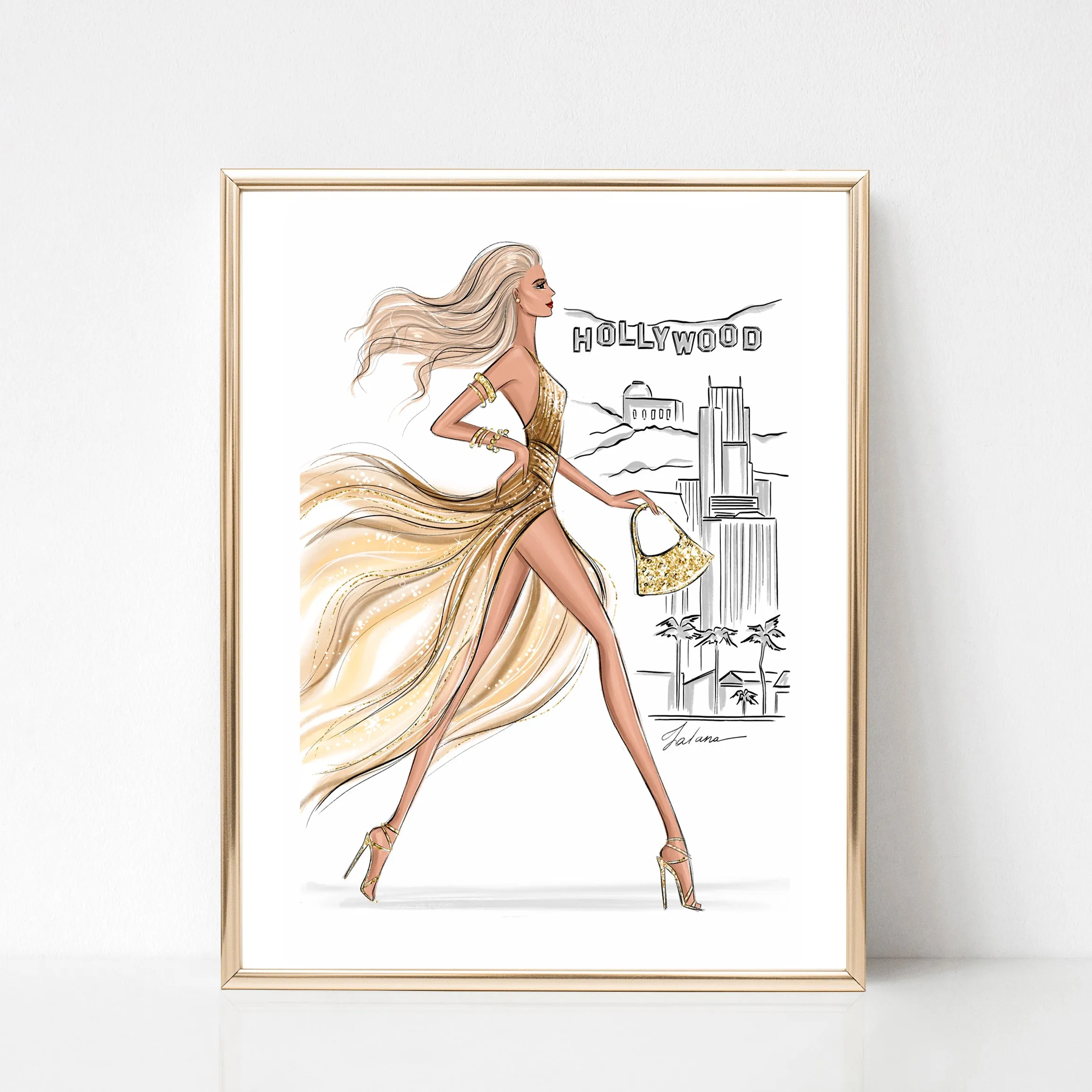 Hollywood Girl in gold glitter dress summer art print fashion illustration