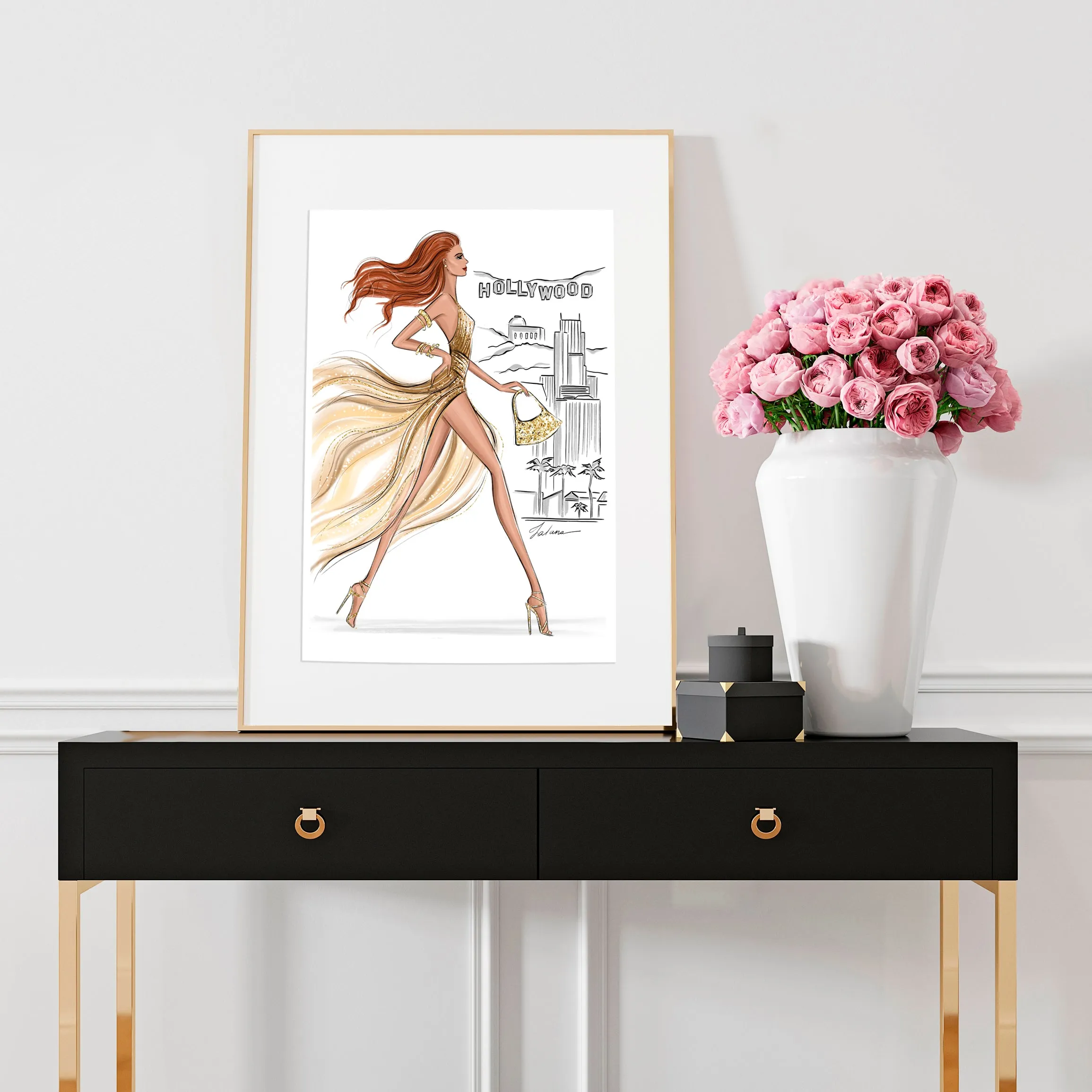 Hollywood Girl in gold glitter dress summer art print fashion illustration