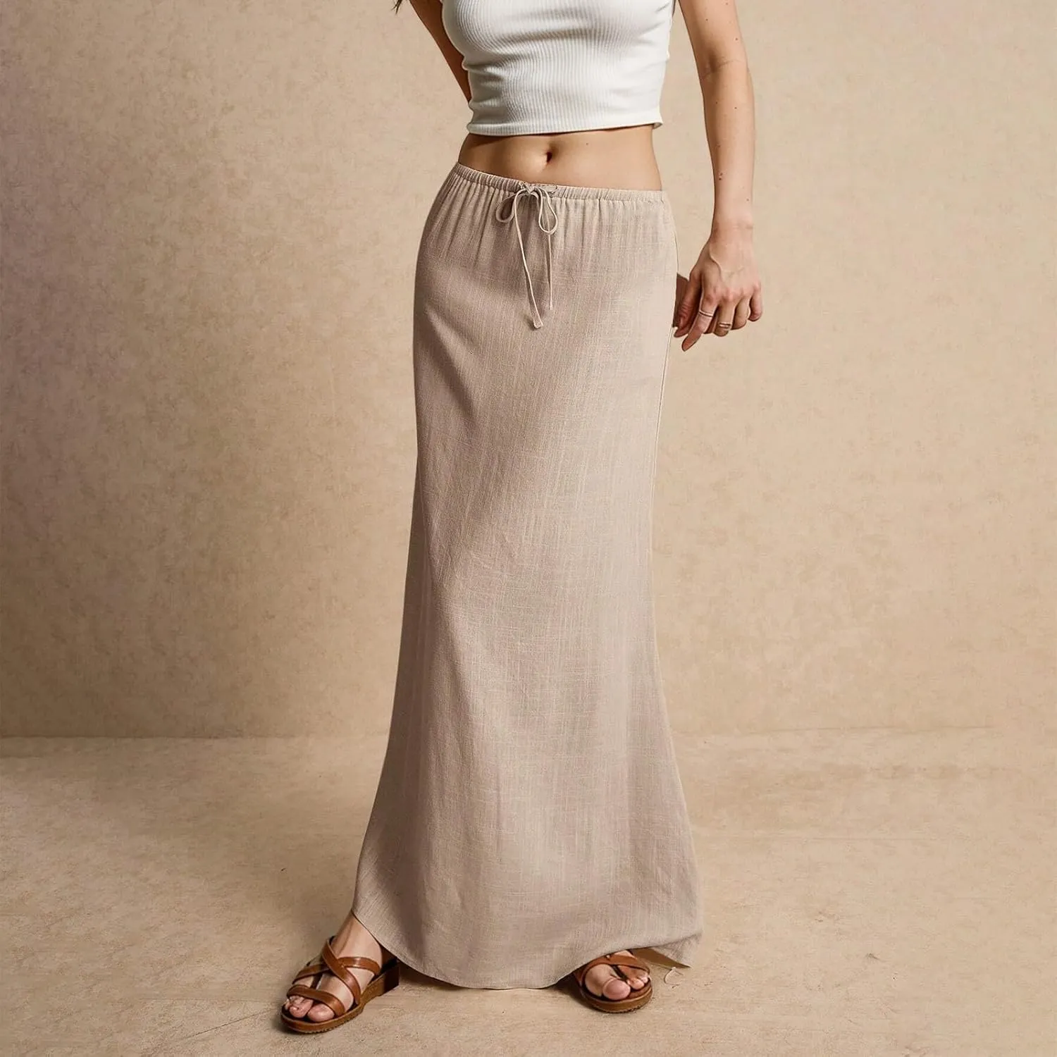 Linen Maxi Skirts for Women Trendy 2025 Casual Drawstring Low Waist Plain Skirts Boho Vacation Beach Skirts