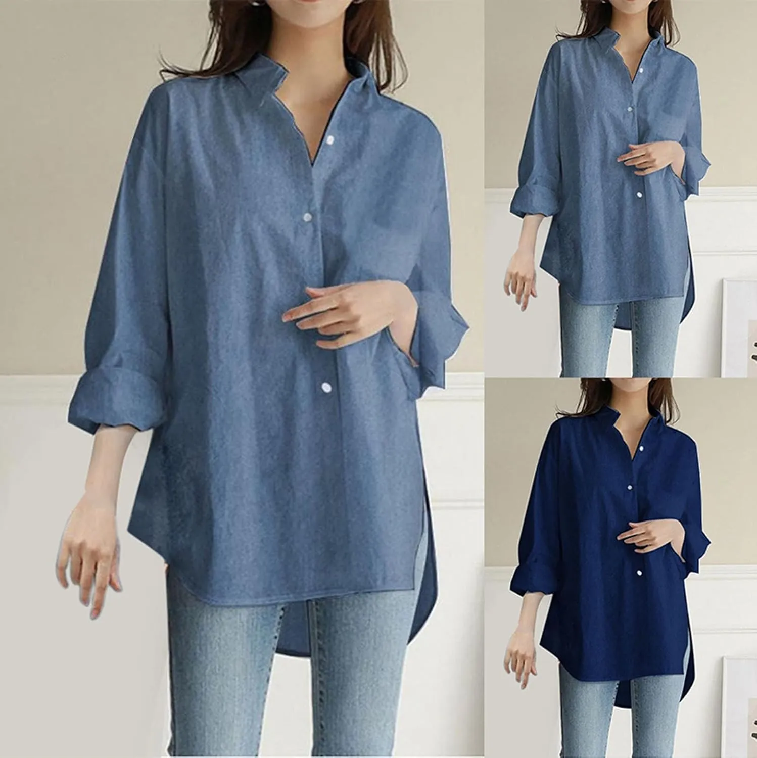 Linen Shirts for Women Casual Loose Solid Color Long Sleeve Stand Collar Shirt Beach Cover Ups for Women White Dress