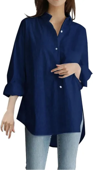 Linen Shirts for Women Casual Loose Solid Color Long Sleeve Stand Collar Shirt Beach Cover Ups for Women White Dress
