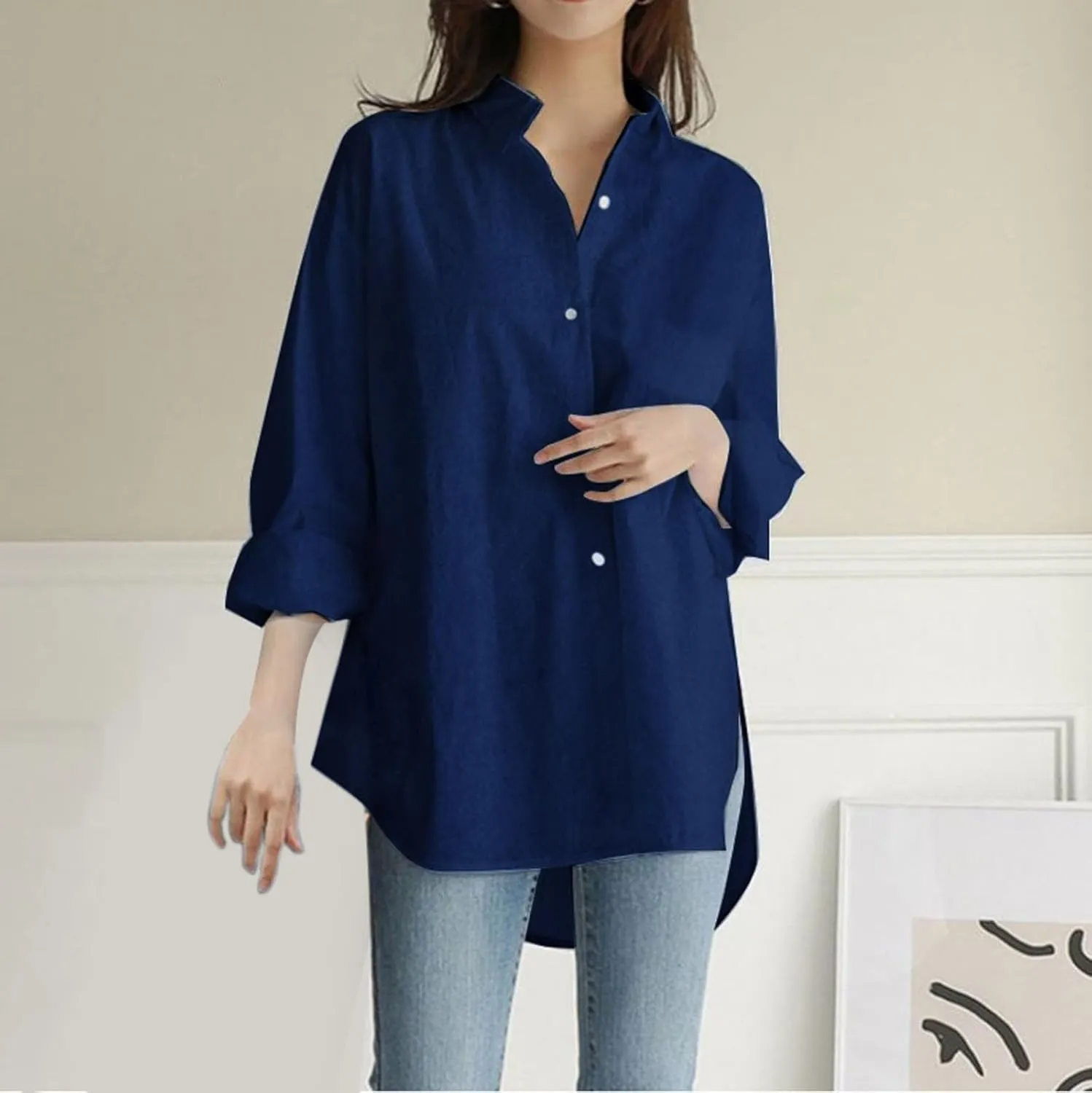 Linen Shirts for Women Casual Loose Solid Color Long Sleeve Stand Collar Shirt Beach Cover Ups for Women White Dress