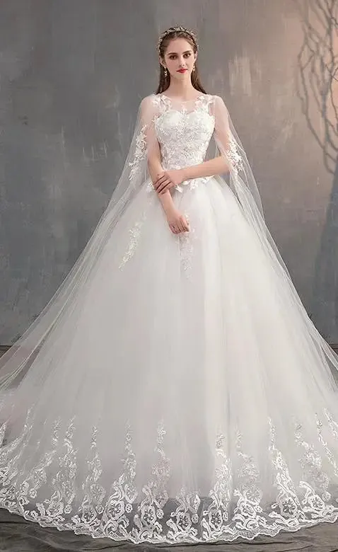 Long Cap Lace Wedding Gown With Long Train Embroidery Princess Plus Size Bridal Dress