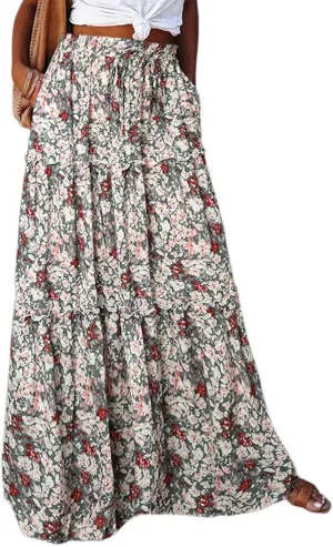 Long Skirts for Women Boho Floral High Waisted Casual A Line Skirt Pleated Beach Flowy Swing Maxi Skirts