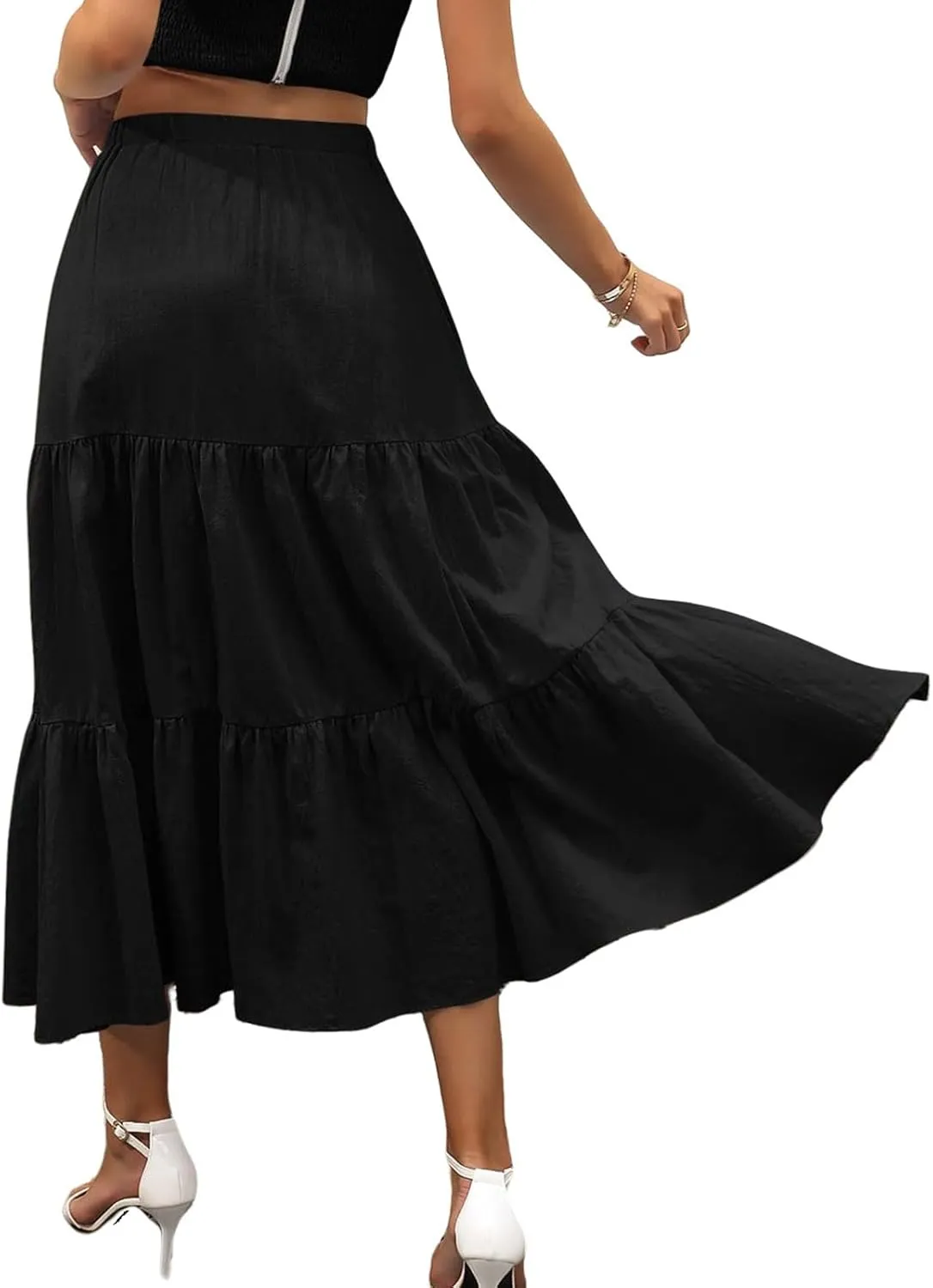 Long Skirts for Women Summer Boho Flowy Elastic Waist A-Line Maxi Skirt Pleated Tiered Swing Long Beach Dress with Pockets