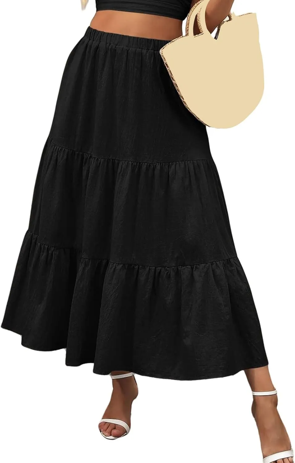 Long Skirts for Women Summer Boho Flowy Elastic Waist A-Line Maxi Skirt Pleated Tiered Swing Long Beach Dress with Pockets