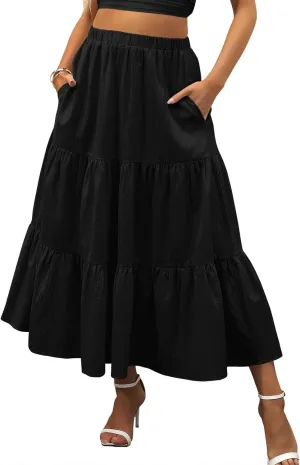 Long Skirts for Women Summer Boho Flowy Elastic Waist A-Line Maxi Skirt Pleated Tiered Swing Long Beach Dress with Pockets