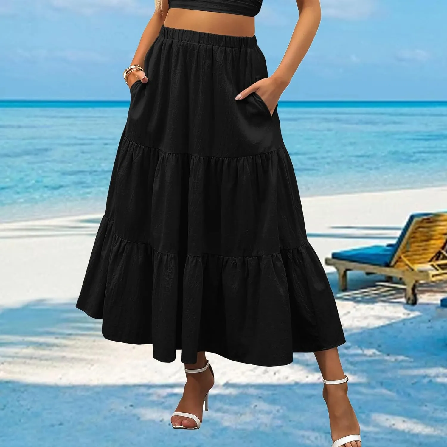 Long Skirts for Women Summer Boho Flowy Elastic Waist A-Line Maxi Skirt Pleated Tiered Swing Long Beach Dress with Pockets