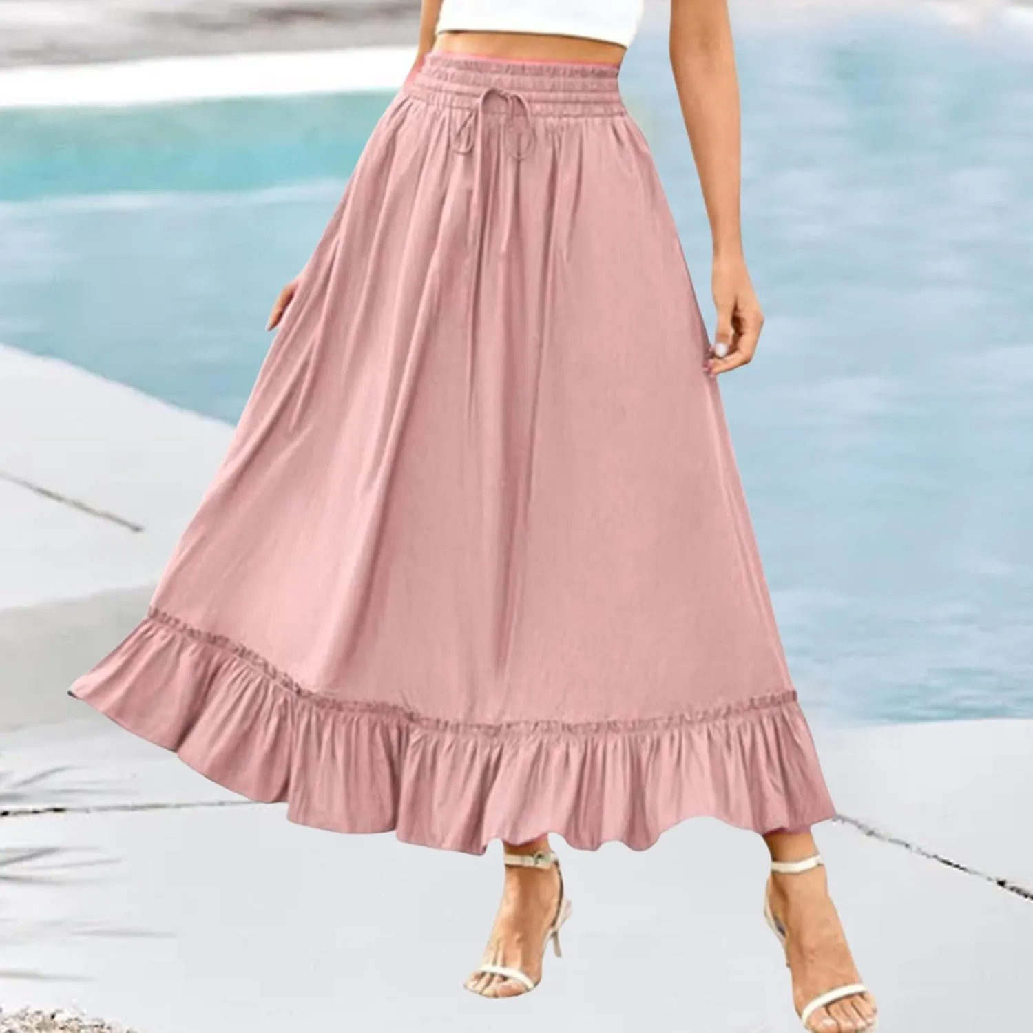 Maxi Skirt for Women High Waisted Boho Ruffle Flowy Long Skirts Summer Casual Swing A-Line Beach Travel Skirts