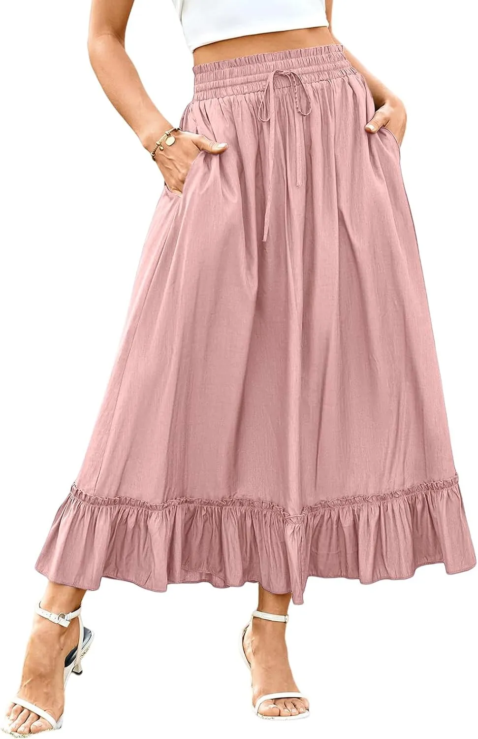 Maxi Skirt for Women High Waisted Boho Ruffle Flowy Long Skirts Summer Casual Swing A-Line Beach Travel Skirts