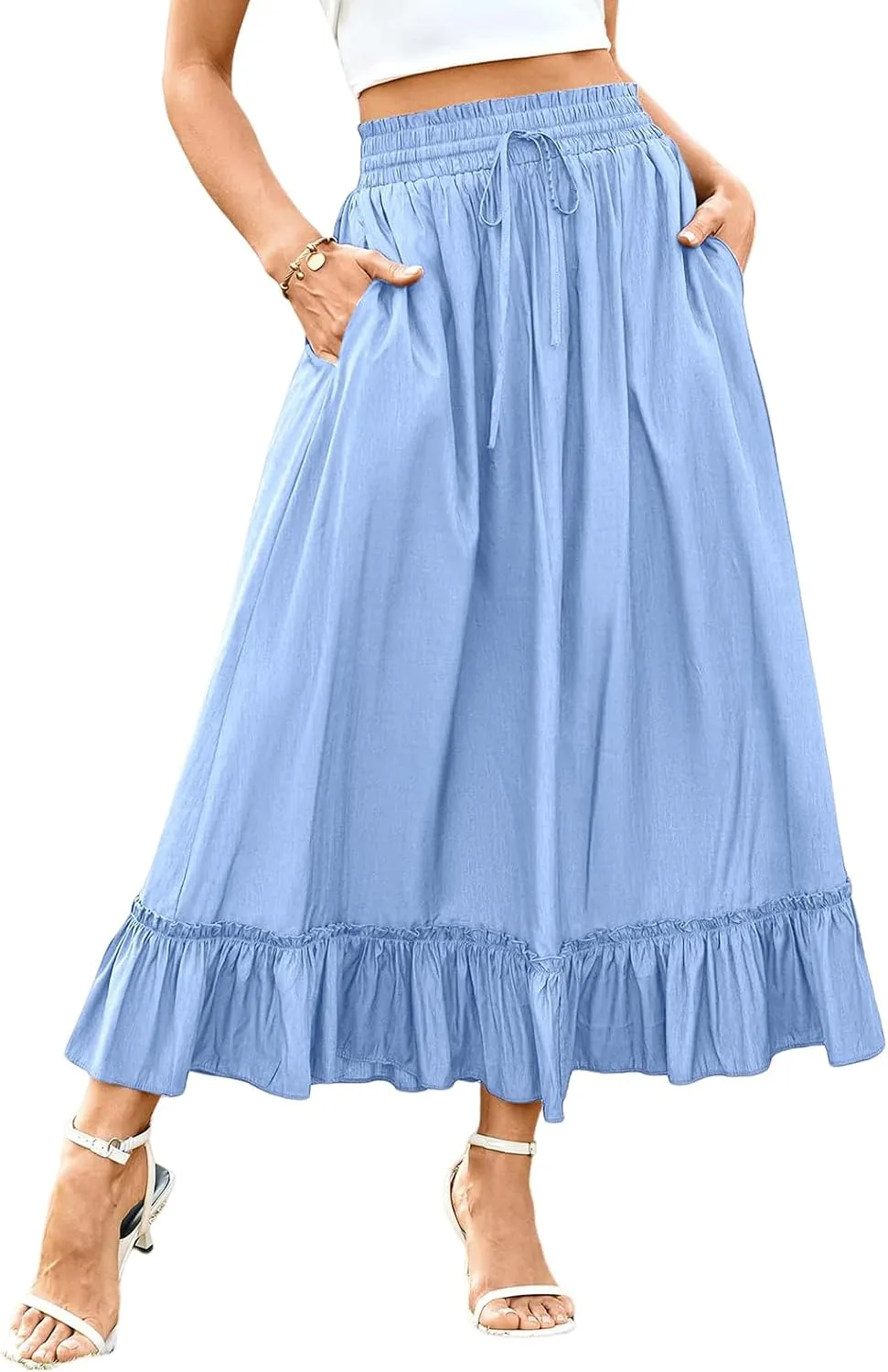 Maxi Skirt for Women High Waisted Boho Ruffle Flowy Long Skirts Summer Casual Swing A-Line Beach Travel Skirts