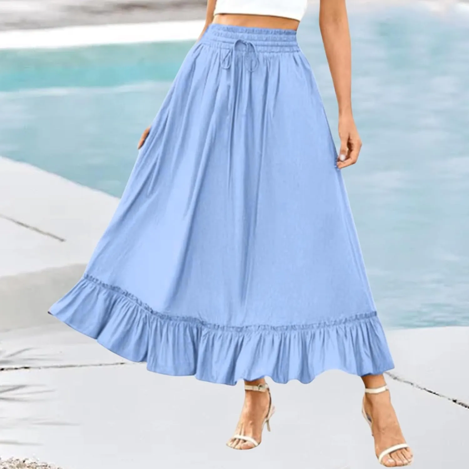 Maxi Skirt for Women High Waisted Boho Ruffle Flowy Long Skirts Summer Casual Swing A-Line Beach Travel Skirts