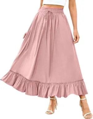 Maxi Skirt for Women High Waisted Boho Ruffle Flowy Long Skirts Summer Casual Swing A-Line Beach Travel Skirts