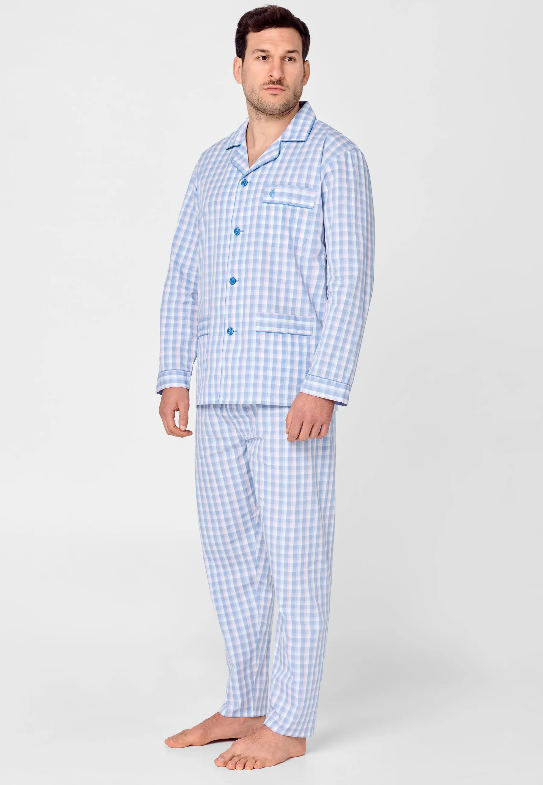 Pijama Hombre Largo Solapa Algodón Popelín Cuadros - Azul 2983_33