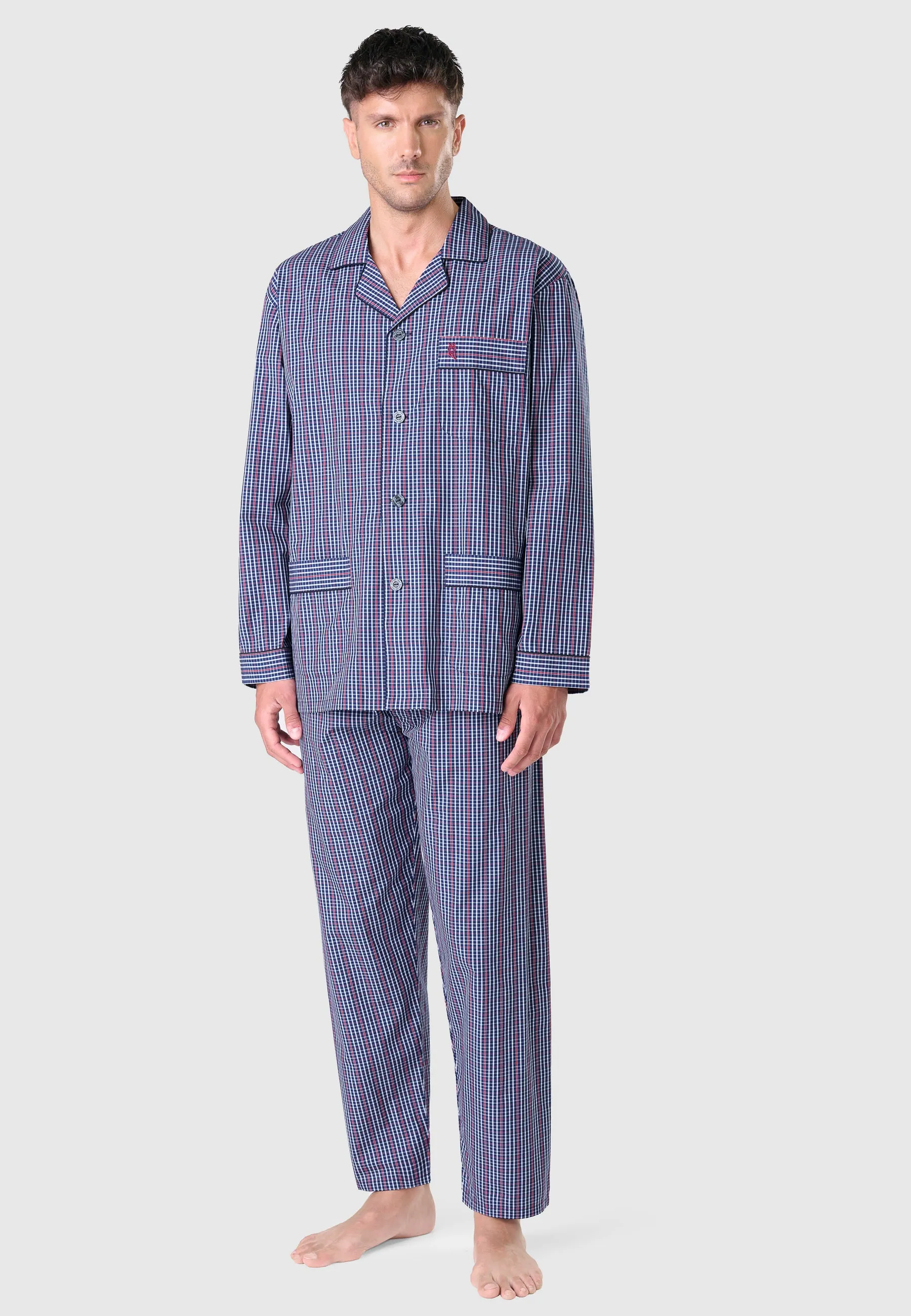 Pijama Hombre Largo Solapa Algodón Popelín Cuadros - Azul 2986_33