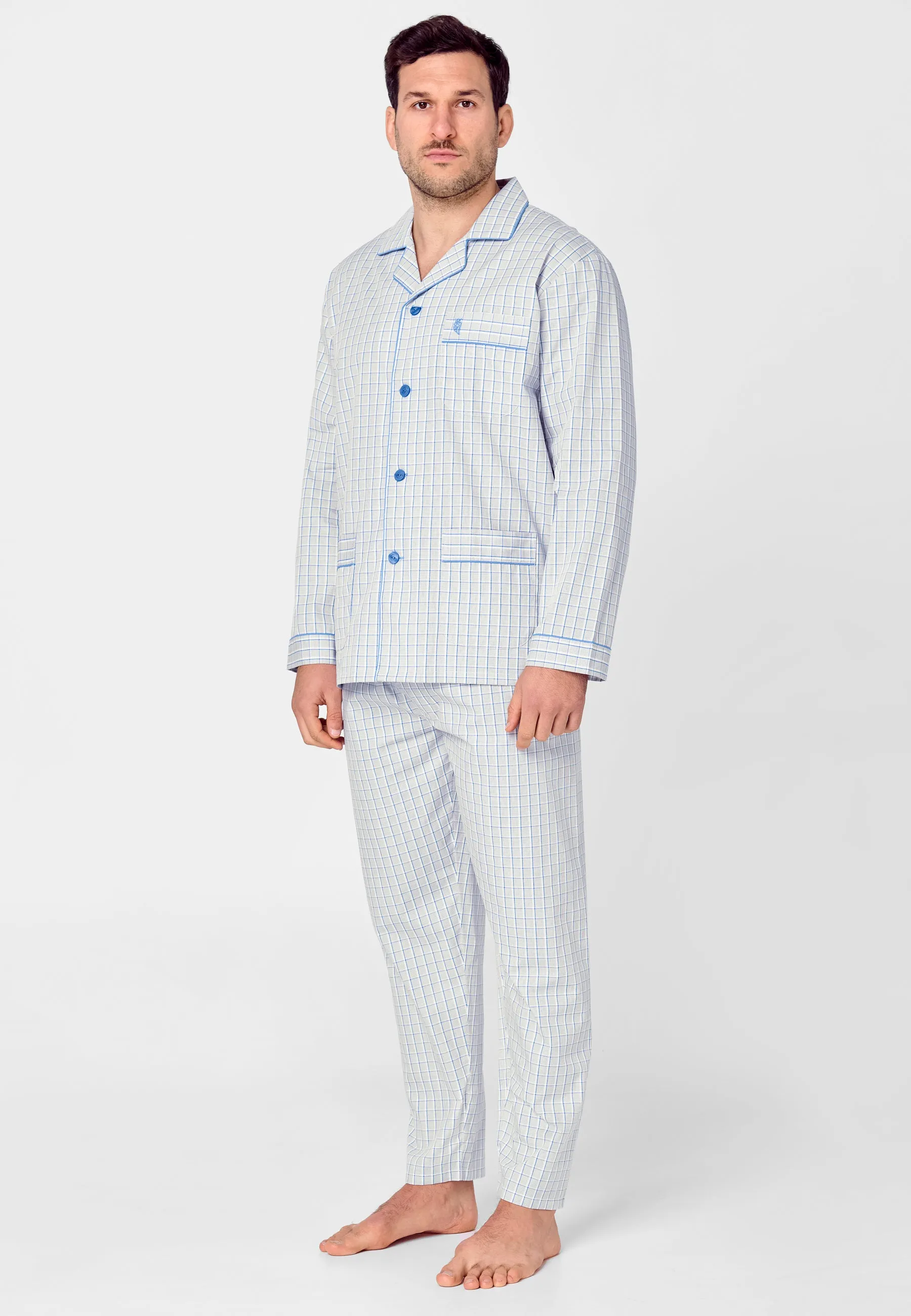 Pijama Hombre Largo Solapa Algodón Popelín Cuadros - Gris 1530_20