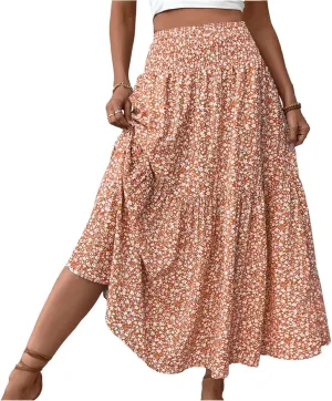 Summer Skirts for Women 2025 Vacation Ditsy Floral Tiered Maxi Skirt Boho Smocked High Waist A Line Skirt with Pocket