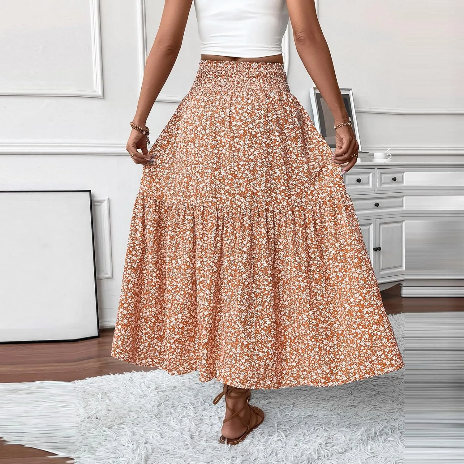Summer Skirts for Women 2025 Vacation Ditsy Floral Tiered Maxi Skirt Boho Smocked High Waist A Line Skirt with Pocket