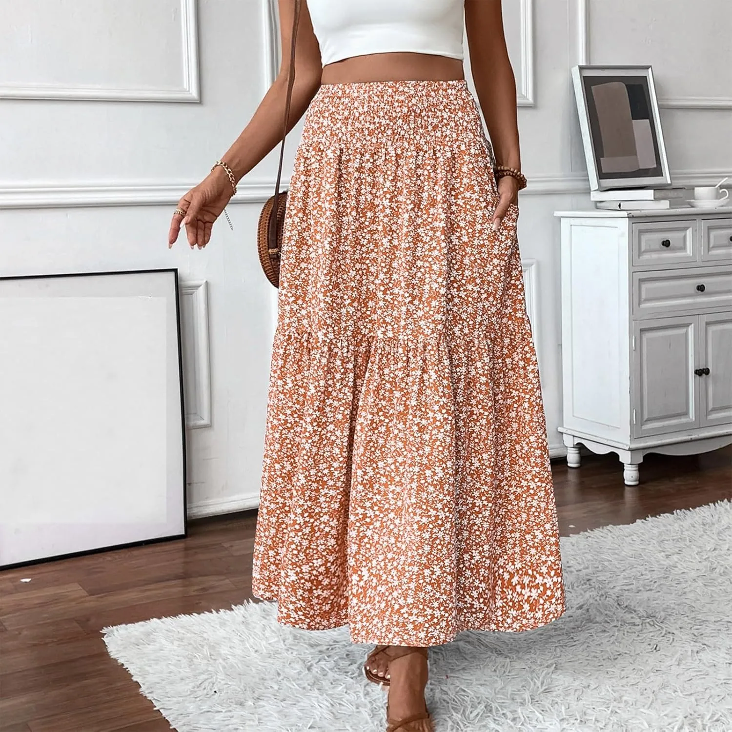 Summer Skirts for Women 2025 Vacation Ditsy Floral Tiered Maxi Skirt Boho Smocked High Waist A Line Skirt with Pocket