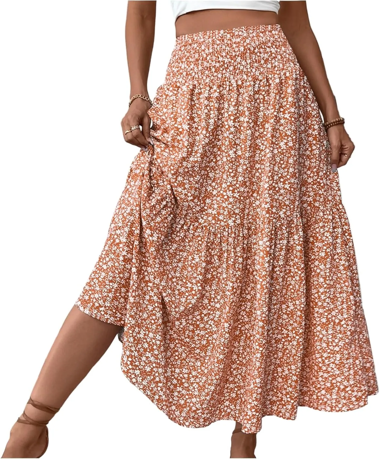 Summer Skirts for Women 2025 Vacation Ditsy Floral Tiered Maxi Skirt Boho Smocked High Waist A Line Skirt with Pocket