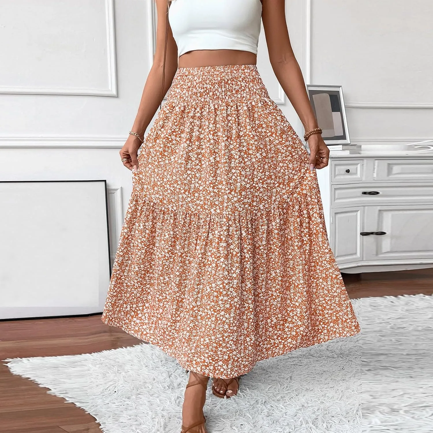 Summer Skirts for Women 2025 Vacation Ditsy Floral Tiered Maxi Skirt Boho Smocked High Waist A Line Skirt with Pocket