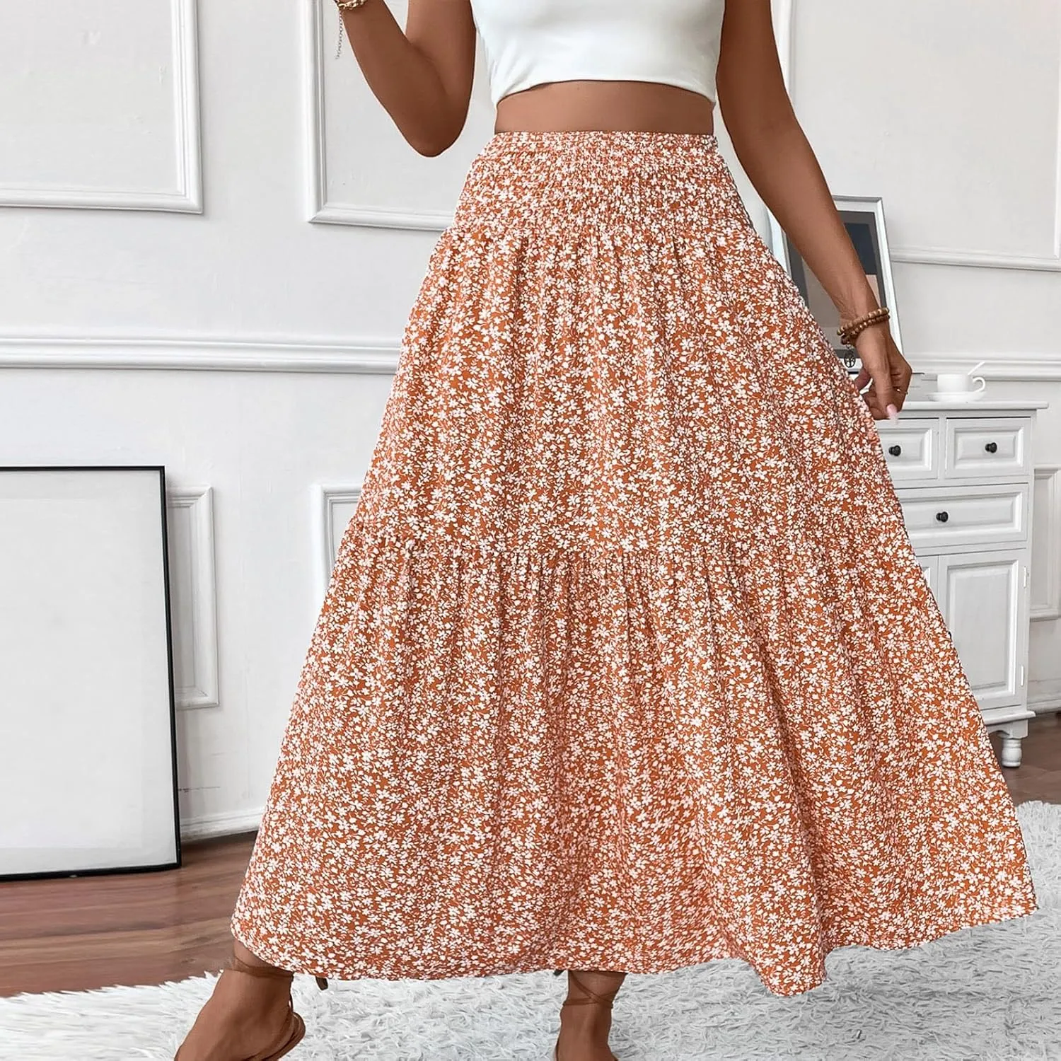 Summer Skirts for Women 2025 Vacation Ditsy Floral Tiered Maxi Skirt Boho Smocked High Waist A Line Skirt with Pocket