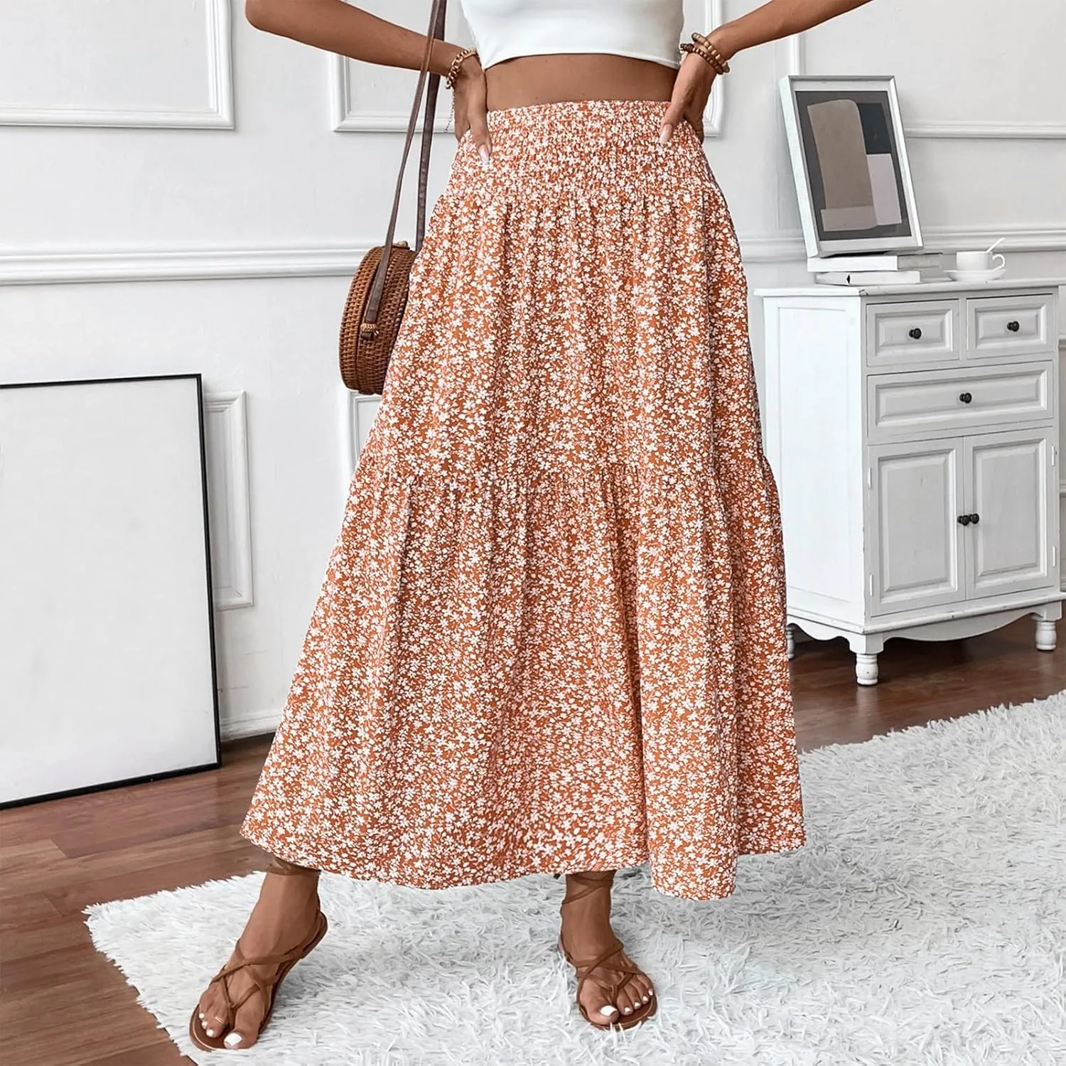 Summer Skirts for Women 2025 Vacation Ditsy Floral Tiered Maxi Skirt Boho Smocked High Waist A Line Skirt with Pocket