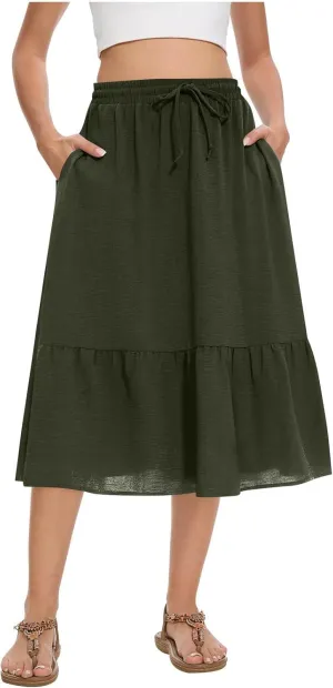 Summer Skirts for Women Trendy with Pockets Drawstring High Waisted Lightweight Casual Tiered Flowy A-Line Midi Skirt
