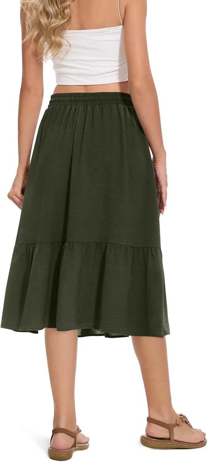 Summer Skirts for Women Trendy with Pockets Drawstring High Waisted Lightweight Casual Tiered Flowy A-Line Midi Skirt
