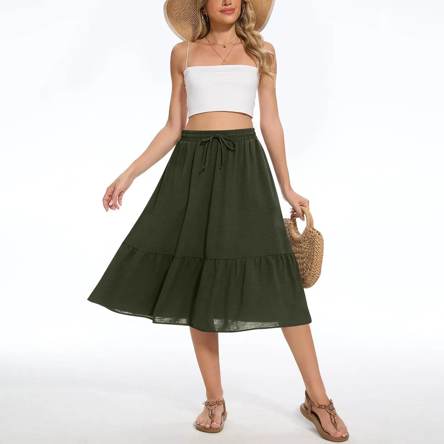 Summer Skirts for Women Trendy with Pockets Drawstring High Waisted Lightweight Casual Tiered Flowy A-Line Midi Skirt