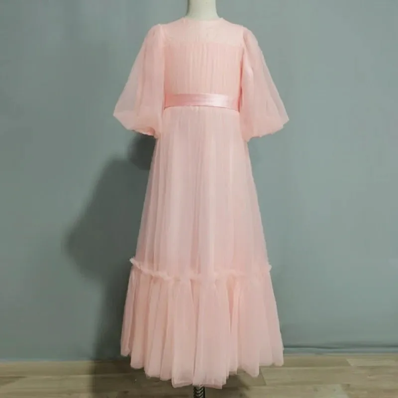 Tulle Flower Girl Dress with Puff Sleeves, Ruffles, and Sashes - Floor-Length Gown