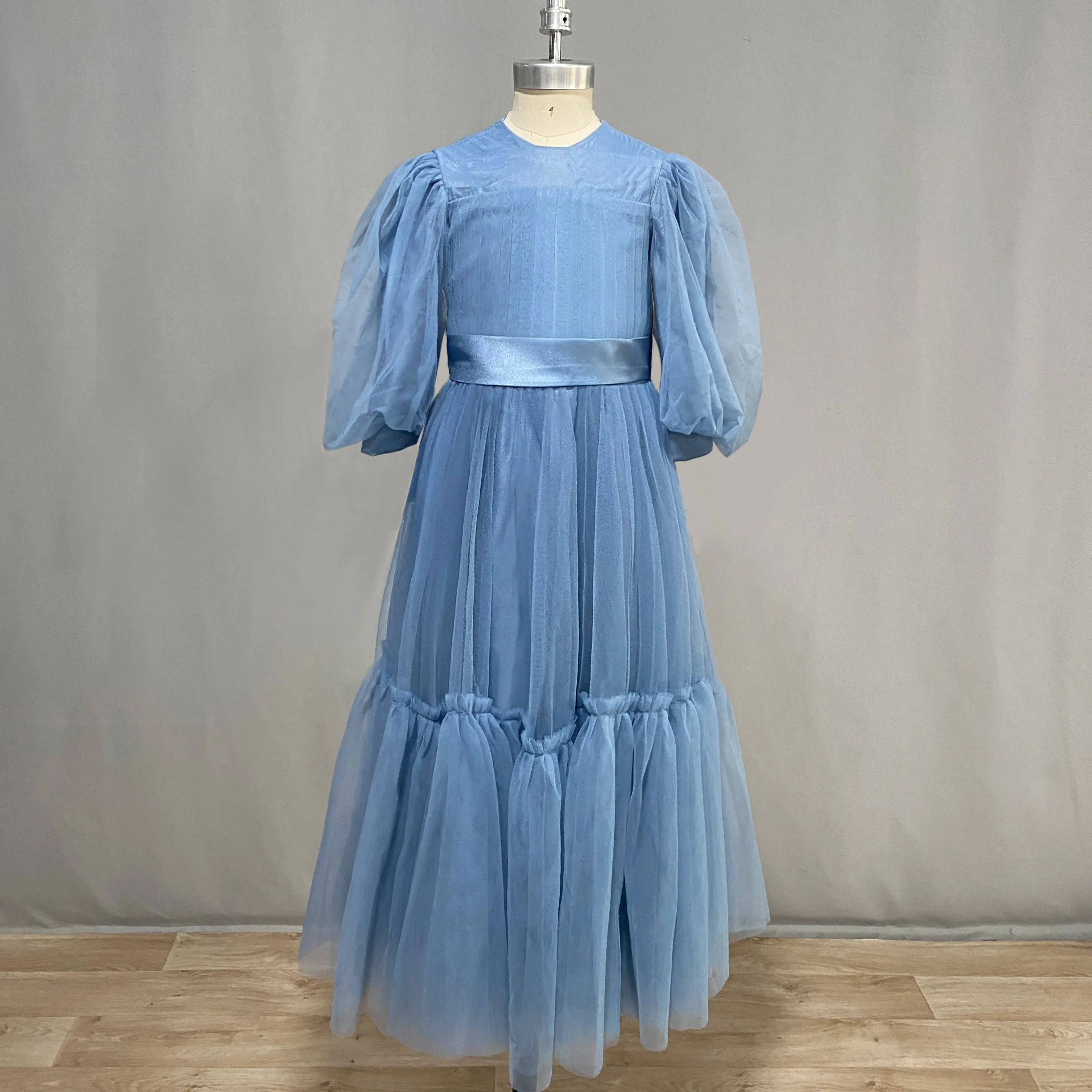 Tulle Flower Girl Dress with Puff Sleeves, Ruffles, and Sashes - Floor-Length Gown