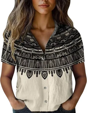 Vintage Boho Tops for Women Floral Print Shirt Casual Short Sleeve Button Up Blouses Short Sleeve Boho Shirts Tops