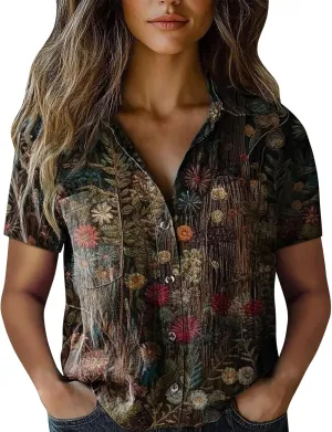 Vintage Boho Tops for Women Floral Print Shirt Casual Short Sleeve Button Up Blouses Short Sleeve Boho Shirts Tops